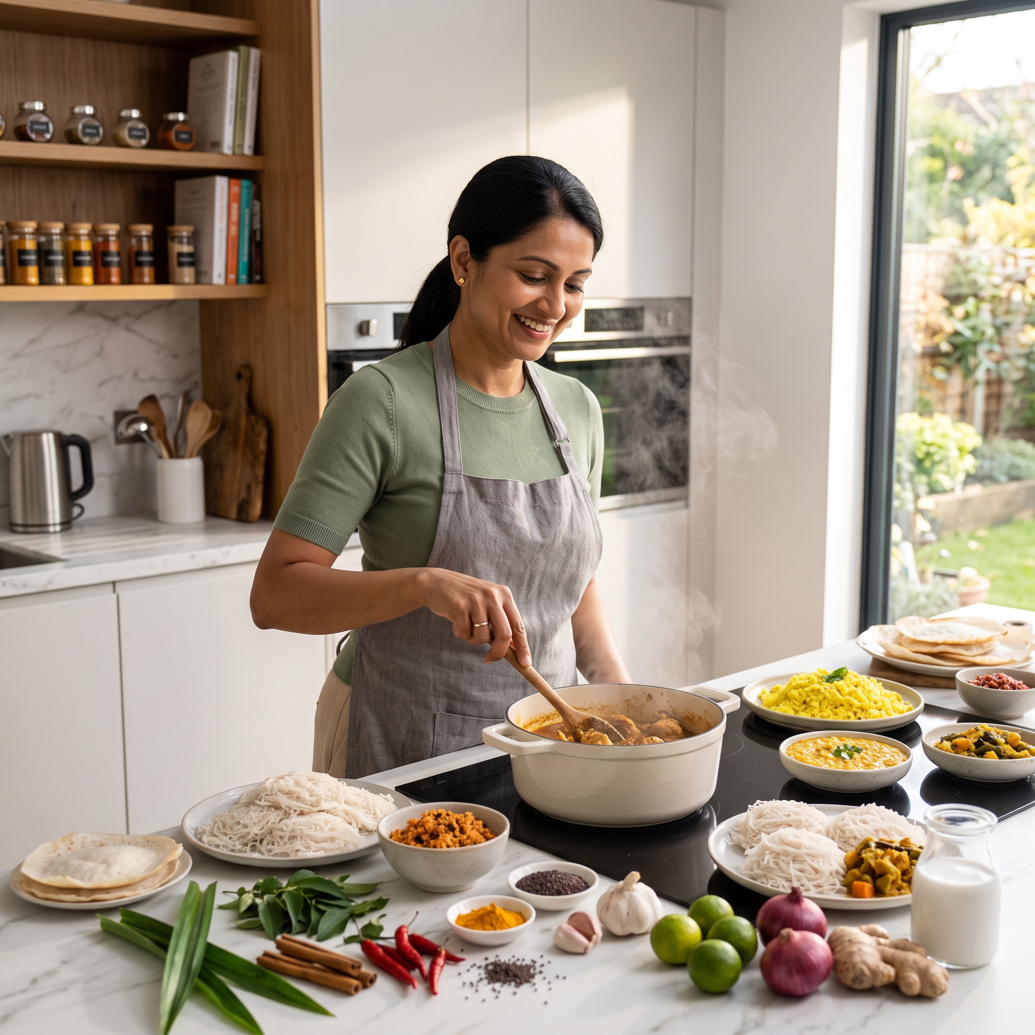 An overhead spread of homemade Indian dishes including curries, biryani and naan in brass bowls